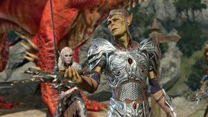Kith'rak Voss holds a sword to the player's face and asks them questions. Other Gith and a red dragon are in the background.