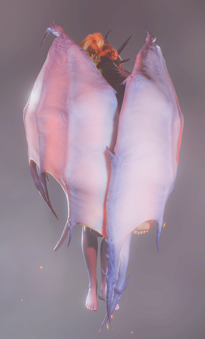 A picture of Mizora and the player character suspended above a dias. He is enveloped her wings.