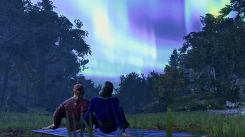 A picture of Gale and the player character during an evening cut scene at camp during Act Two in the Shadow Cursed lands. They are sitting together gazing at an aurora. Gale is grateful for the company.