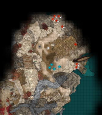 Cursed Kuo-Toa, represented with red dots, on a section of the Shadow-Cursed Lands map.