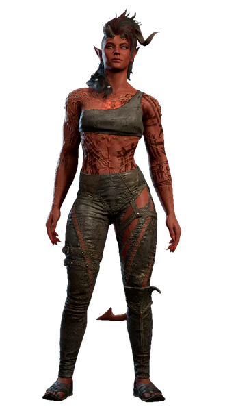 Karlach wearing her camp clothes