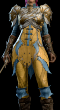Spidersilk Amour dyed baby blue and gold worn by female player character
