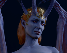 A picture of Mizora'a face. She is gazing upon the player character after sex. She has a detached look of amusement, satisfaction and a hint of disdain on her face.