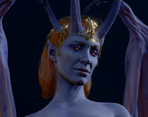 A picture of Mizora'a face. She is gazing upon the player character after sex. She has a detached look of amusement, satisfaction and a hint of disdain on her face.