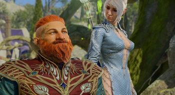 A picture of Shadowheart and the player character. They are at the Circus of the Last Days. The player character has just passed Zethino's love test with her and Shadowheart is looking at the player character with a smile of approval on her face.