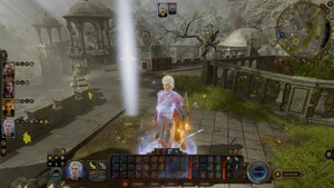 Astarion stands by a torch of white light, indicating where he just made a stealth attack.