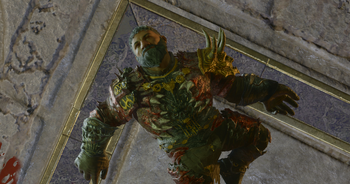 A picture of The Dark Urge in the Temple of Bhaal. They are dead on the floor by the altar, executed by Bhaal after having refused his gift and charge to bring slaughter to the world.