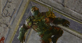 A picture of The Dark Urge in the Temple of Bhaal. They are dead on the floor by the altar, executed by Bhaal after having refused his gift and charge to bring slaughter to the world.