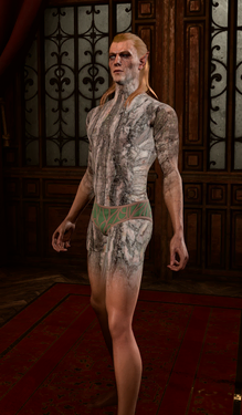 A male elf affected by barkskin, clearly visible on its skin.