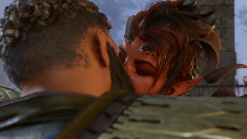 A picture of Karlach at Dammon's forge at the Last Light Inn. Her heart has received its second upgrade and she is sharing a long awaited kiss with the player character.