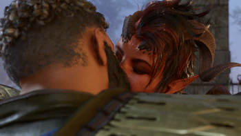 A picture of Karlach at Dammon's forge at the Last Light Inn. Her heart has received its second upgrade and she is sharing a long awaited kiss with the player character.