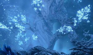 An enormous sussur tree growing in the middle of the Dread Hollow grotto.