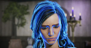 A picture of the Echo of a Lost Love. She is confronting Oscar Fevras in Jannath's Estate. Although furious, she has paused in her anger for a moment, collecting her thought and she considers her next steps.