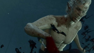 A picture of Astarion's face. He is in Cazador's dungeon, his eyes full of pure rage, as he stabs Cazador to death.