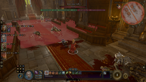 A picture of Jaheira using stealth sniper tactics against Iron Consul Nuff on the ground floor of Wyrm's Rock Fortress. She is at the edge of the extended range where a ranged attack can be made.