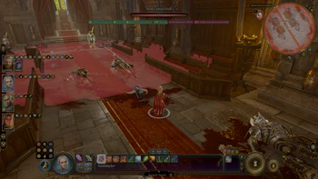 A picture of Jaheira using stealth sniper tactics against Iron Consul Nuff on the ground floor of Wyrm's Rock Fortress. She is at the edge of the extended range where a ranged attack can be made.