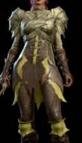 Spidersilk armour dyed lime, lemon, and lichen worn by female player character