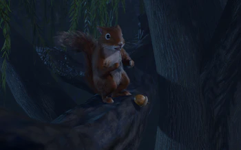A picture of a squirrel in the forest. It has just dropped an acorn after observing Halsin in bear form, having sex with the player character.