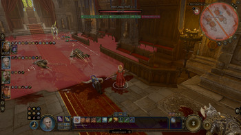 A picture of Jaheira using stealth sniper tactics against Iron Consul Nuff on the ground floor of Wyrm's Rock Fortress. She is at the edge of the normal range where a sneak attack can be made.