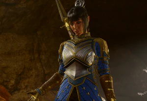 A picture of Shadowheart in the Inner Sanctum of the Druid Grove, she is explaining her dream of becoming a Dark Justiciar.