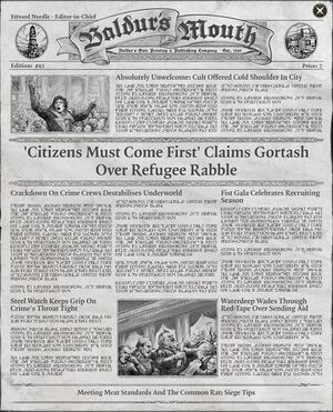 Newspaper page with the centeal headline: " 'Citizens must come first' Claims Gortash over Refugee Rabble"