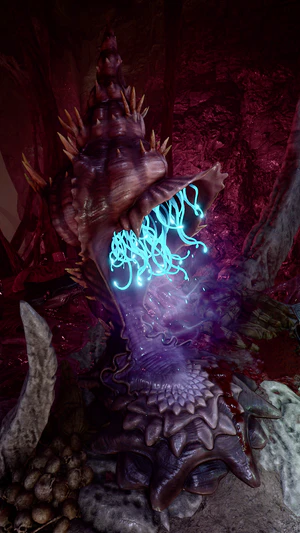 A large and friendly conch swooshes its neon blue tentacles through the air, expelling a pleasant healing mist.