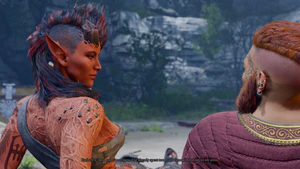 A picture of Karlach and the player character at camp in Act Two. They are sitting down together, side by side. At the player character's request, Karlach has agreed to share a close night together - without sex.