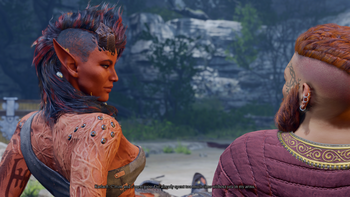 A picture of Karlach and the player character at camp in Act Two. They are sitting down together, side by side. At the player character's request, Karlach has agreed to share a close night together - without sex.
