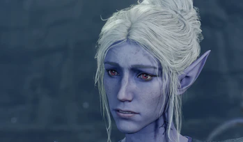 A picture on Minthara at Camp. She is uneasy and uncertain about her standing with the player character, and beseeches them to allow her to read their thoughts.