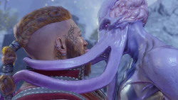 A picture of the Dream Guardian and the player character during the primary romance scene in Act Three. At the request of the player character, the Emperor is its native illithid form. They are sharing what could be described a kiss, of sorts.