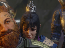 After being given the Idol of Shar by the PC as a Selûnite cleric, and being challenged to "Kiss me like you hate me", Shadowheart teases the player character with the promise of a kiss as she slowly circles them from behind, kissing them a few times on their backside, before finally sharing a passionate kiss face-to-face.