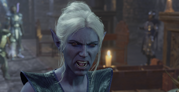 A picture on Minthara at Moonrise Towers, reacting with fear and anger at her death sentence issued by Kethric Thorm for her failure to retreive the Artifact.