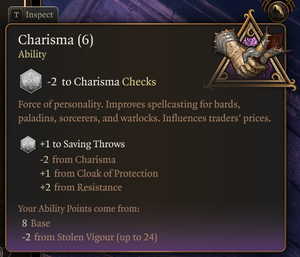 A stat screen showing total charisma including modifiers. The base Charisma is 8 and it is decreased to 6 by the Stolen Vigour condition applied by the mirror's sacrifice.