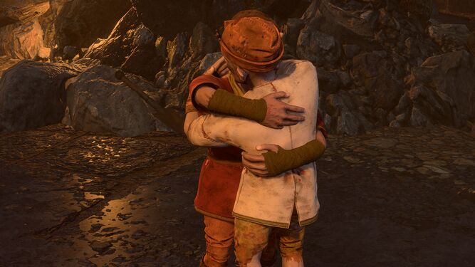 Beldron and Lunkbug hug after being reunited