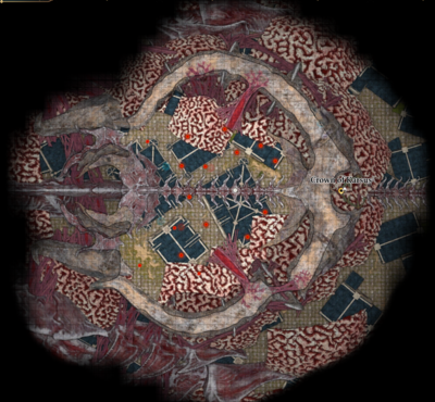 Local map for Atop the Netherbrain, with red dots denoting each of the 16 tentacle spawn points.