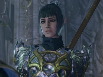 A picture of Shadowheart. She is shattered after freeing the Nightsong and appeals the player character for their romantic commitment.
