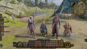 A picture of the player character, along with their two companions and a hireling all lined up and standing together at camp. This should not normally be possible, but is if they are disguised.