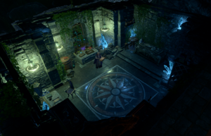 Withers stands in the middle of an old vine-covered chapel. He is surrounded by alchemical equipment, an old stone sarcophagus, glowing crystals, and piles of books.
