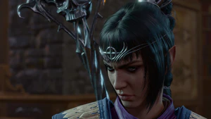 Shadowheart in Moonrise Towers, becoming defensive when asked about her resistance to the Shadow Curse.