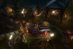 The divine bard Milil stands at the centre of the party, surrounded by glowing ghostly instruments, and plays music for a feast.