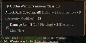 A picture showing an example of a critical hit with a 1d6 shortsword.