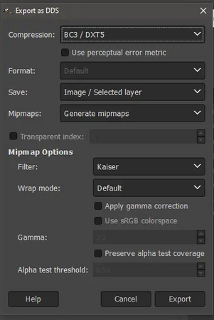 DDS export settings for GnuIMP 2.10