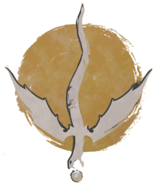 The Symbol of the Zhentarim, a white dragon in flight silhouetted against a large gold orb. It gapes over a smaller orb.