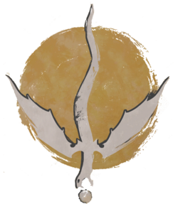 The Symbol of the Zhentarim, a white dragon in flight silhouetted against a large gold orb. It gapes over a smaller orb.