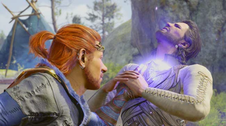 A picture of Gale at the wilderness camp. He is sharing a moment of the Orb's terrible thirst for power with the player character, who hands are held over Gale's chest as both reel under its hunger.