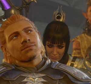 After being given the Idol of Shar by the PC as a Selûnite cleric, and being challenged to "Kiss me like you hate me", Shadowheart teases the player character with the promise of a kiss as she slowly circles them from behind, kissing them a few times on their backside, before finally sharing a passionate kiss face-to-face.