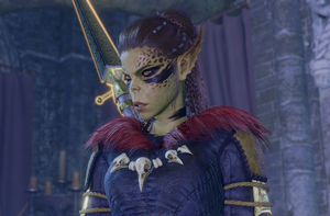 Lae'zel stands in the Arcane Tower in the Underdark. She is reading the first Engraved Githyanki Disc, which recounts a history of the Prince of the Comet. She wears a look of disquiet on her face, as she consider its contents a heresy.