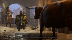 A picture of The Strange Ox, standing in a stable at the Last Light Inn during Act Two. It is speaking with the player character, choosing to keep its secrets.