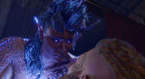 A picture of Karlach and the player character in bed at The Singing Lute. They are sharing a night of intimacy after dinner in a room she reserved for the two of them, and Karlach's flames are burning hot blue with her passion.