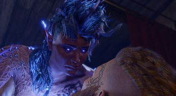 A picture of Karlach and the player character in bed at The Singing Lute. They are sharing a night of intimacy after dinner in a room she reserved for the two of them, and Karlach's flames are burning hot blue with her passion.